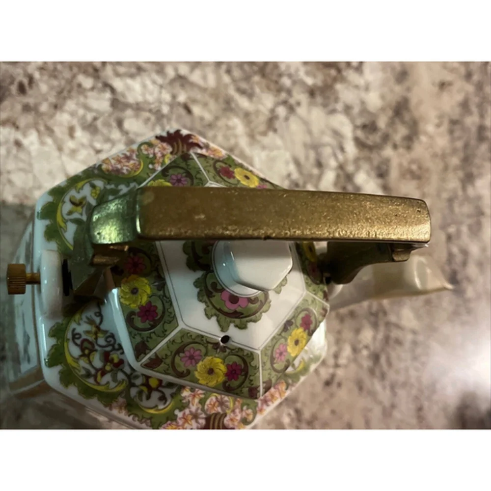 Vintage Japanese‎ Toyo Ming Lotus Hexagon Floral Tea Kettle W/Brass Handle VGUC